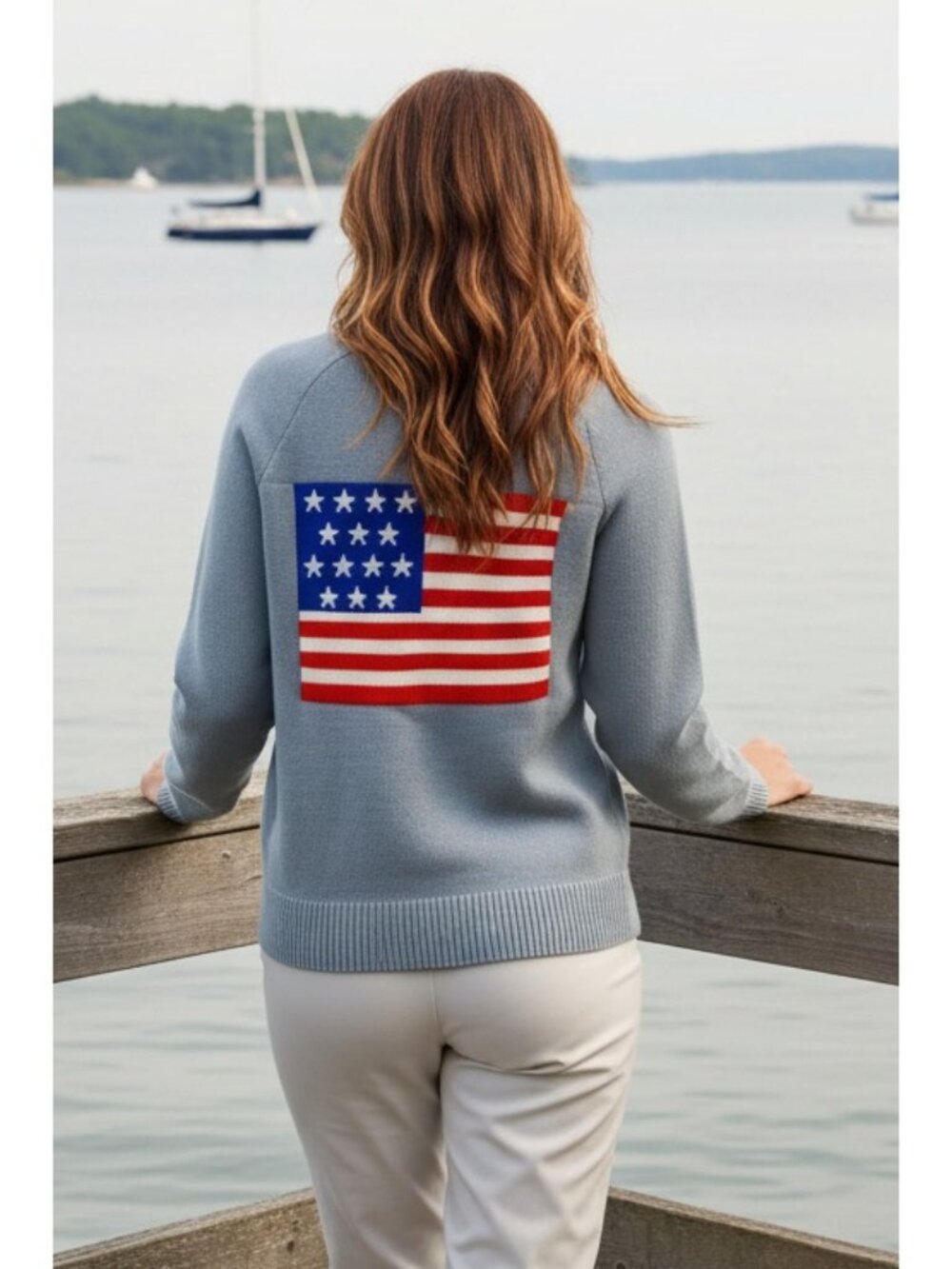 American USA Flag V-Neck Button Front Patch Pocket Long Sleeve Box Knit Cardigan